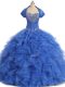 Fashion Floor Length Blue Ball Gown Prom Dress Strapless Sleeveless Lace Up