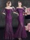 Mermaid Off the Shoulder Floor Length Lace Up Mother Dresses Purple for Prom and Party with Lace