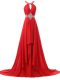 New Style Halter Top Sleeveless Evening Gowns Brush Train Beading and Ruching Red Chiffon