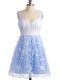 Modest Light Blue Lace Lace Up Wedding Guest Dresses Sleeveless Knee Length Lace