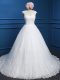 Smart Sleeveless Tulle Brush Train Backless Wedding Gowns in White with Lace and Appliques