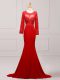 Red Zipper Mother of Groom Dress Lace and Appliques Long Sleeves Brush Train