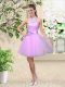 Lavender A-line Tulle Halter Top Sleeveless Lace and Belt Knee Length Lace Up Dama Dress for Quinceanera
