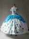 Organza and Taffeta Off The Shoulder Cap Sleeves Lace Up Embroidery and Ruffles Quinceanera Gowns in Blue And White