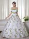 Short Sleeves Floor Length Embroidery Lace Up Sweet 16 Quinceanera Dress with White