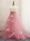 Custom Design Tulle Scoop Sleeveless Brush Train Zipper Hand Made Flower Little Girls Pageant Dress in Pink