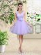 Low Price Sleeveless Tulle Knee Length Lace Up Wedding Guest Dresses in Lilac with Lace and Belt