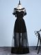 Captivating Short Sleeves Tulle Floor Length Backless Prom Evening Gown in Black with Embroidery
