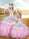Stylish Floor Length Lace Up Sweet 16 Quinceanera Dress Rose Pink for Military Ball and Sweet 16 and Quinceanera with Embroidery and Ruffled Layers