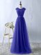 Scoop Short Sleeves Prom Evening Gown Floor Length Lace Blue Tulle