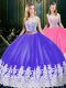 Exceptional Floor Length Clasp Handle Sweet 16 Dress Blue And White for Military Ball and Sweet 16 and Quinceanera with Appliques and Embroidery