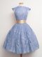 Free and Easy Blue High-neck Neckline Belt Quinceanera Court Dresses Cap Sleeves Lace Up