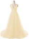 Luxury Light Yellow A-line V-neck Sleeveless Organza Brush Train Backless Ruching Prom Evening Gown