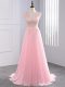 Beauteous Baby Pink Prom Dresses Chiffon Brush Train Sleeveless Lace and Appliques