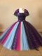 Short Sleeves Tulle Floor Length Zipper Party Dress for Girls in Multi-color with Sequins and Pattern