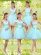 Stylish Lace and Belt Dama Dress for Quinceanera Aqua Blue Lace Up Sleeveless Knee Length