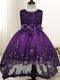 High End Lace and Appliques and Bowknot and Hand Made Flower Little Girls Pageant Dress Wholesale Dark Purple Zipper Sleeveless High Low
