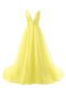 Ideal V-neck Sleeveless Organza Prom Dresses Ruching Brush Train Backless