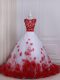 New Arrival White And Red Tulle Zipper Scalloped Sleeveless Wedding Dresses Brush Train Appliques