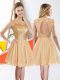 Inexpensive Beading and Lace Bridesmaid Gown Champagne Backless Sleeveless Knee Length