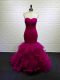 Customized Fuchsia Lace Up Dress for Prom Beading and Ruching Sleeveless Brush Train