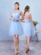 Noble Blue A-line Halter Top Sleeveless Tulle Knee Length Lace Up Ruching Dama Dress