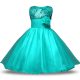 Latest Bowknot and Belt and Hand Made Flower Flower Girl Dress Turquoise Zipper Sleeveless Knee Length