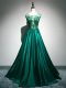 Lovely Dark Green Prom Evening Gown Elastic Woven Satin Brush Train Sleeveless Beading and Lace and Appliques and Embroidery