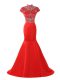 Zipper Juniors Evening Dress Coral Red for Prom and Military Ball with Beading Sweep Train