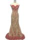 Modest Sleeveless Tulle Brush Train Zipper Red Carpet Prom Dress in Champagne with Hand Made Flower