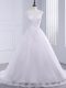 White Clasp Handle Scalloped Lace Wedding Dresses Tulle Sleeveless Brush Train