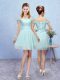 Pretty A-line Court Dresses for Sweet 16 Aqua Blue V-neck Tulle Short Sleeves Mini Length Lace Up