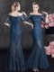Affordable Mermaid Lace Off The Shoulder Half Sleeves Lace Up Lace Mother Dresses in Navy Blue