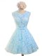 Knee Length Light Blue Bridesmaids Dress Scoop Sleeveless Lace Up