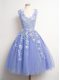 Fitting Lavender V-neck Neckline Appliques Court Dresses for Sweet 16 Sleeveless Lace Up