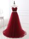 Best Wine Red Prom Evening Gown Tulle Brush Train Sleeveless Beading