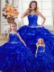 Sleeveless Organza Floor Length Lace Up Vestidos de Quinceanera in Royal Blue with Beading and Ruffles