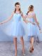 Scoop Sleeveless Bridesmaid Dress Knee Length Ruching and Belt Blue Tulle