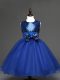 Gorgeous Royal Blue Tulle Zipper Scoop Sleeveless Tea Length Toddler Flower Girl Dress Sequins and Bowknot