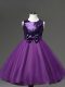 Scoop Sleeveless Juniors Party Dress Tea Length Sequins and Bowknot Purple Tulle