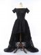 Edgy Lace Prom Dresses Black Zipper Short Sleeves High Low