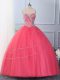 Top Selling Sweetheart Sleeveless 15th Birthday Dress Floor Length Beading Hot Pink Tulle