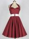 Dynamic Burgundy Halter Top Lace Up Belt Bridesmaids Dress Sleeveless