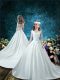 Sumptuous White Lace Up Flower Girl Dress Lace and Bowknot 3 4 Length Sleeve Court Train