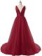 Latest Sleeveless Ruching Backless Prom Gown with Burgundy Brush Train