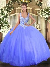 Blue Lace Up Sweet 16 Quinceanera Dress Beading Sleeveless Floor Length