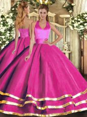 Halter Top Sleeveless 15 Quinceanera Dress Floor Length Ruffled Layers Fuchsia Tulle