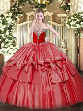 Attractive Coral Red Sweetheart Neckline Beading and Ruffled Layers 15th Birthday Dress Sleeveless Lace Up