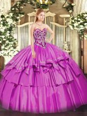 Flare Lilac Sleeveless Floor Length Beading and Ruffled Layers Lace Up Vestidos de Quinceanera