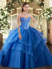 Popular Blue Ball Gowns Sweetheart Sleeveless Tulle Floor Length Lace Up Embroidery and Ruffled Layers Quince Ball Gowns